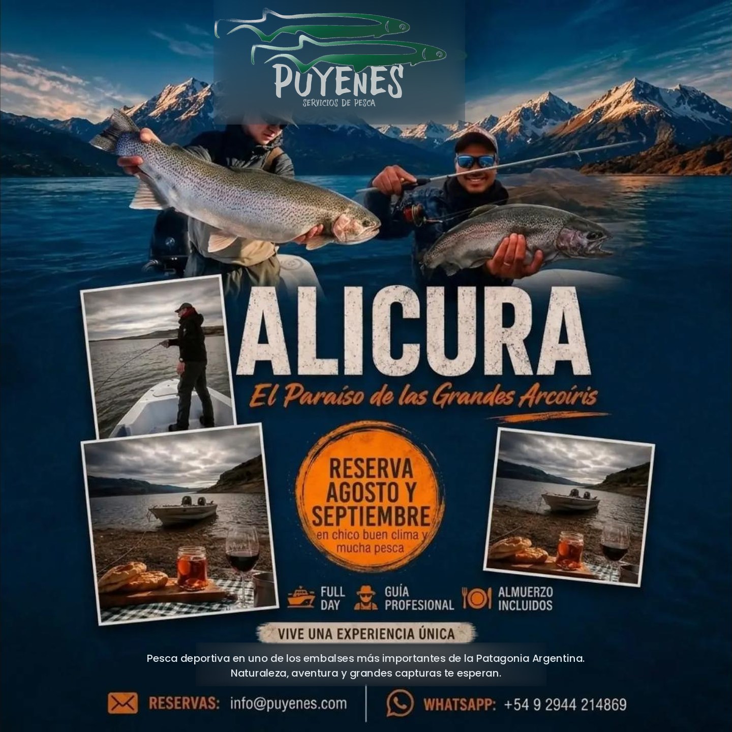 Poster de Alicura Puyenes: dos pescadores con truchas arcoiris de trofeo y el logo oficial Puyenes - Servicios de Pesca