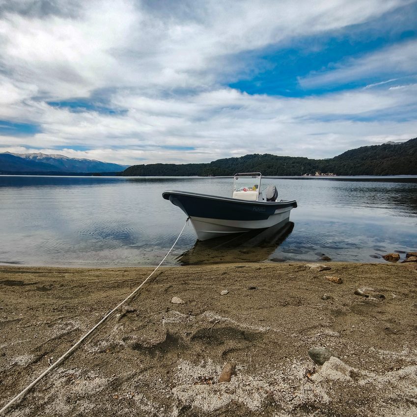 boat moored on Lake Nahuel Huapi at the end of the day