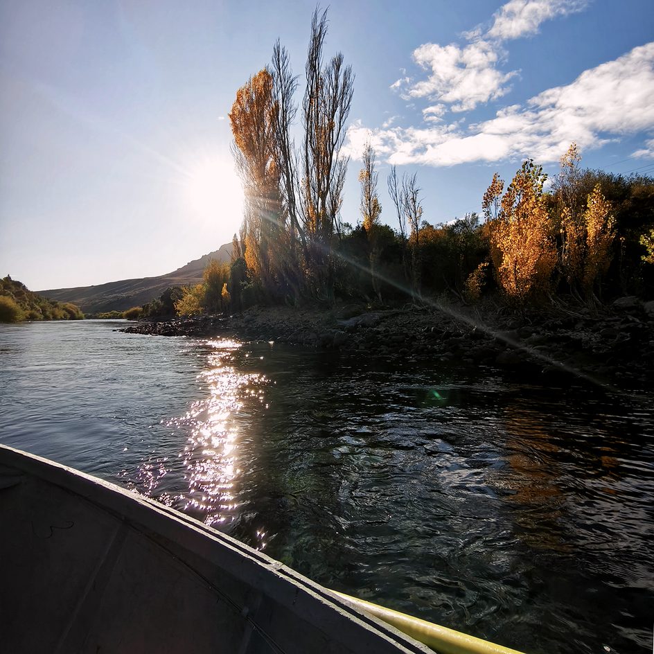río Limay desde una embarcación en la temporada de pesca 2026