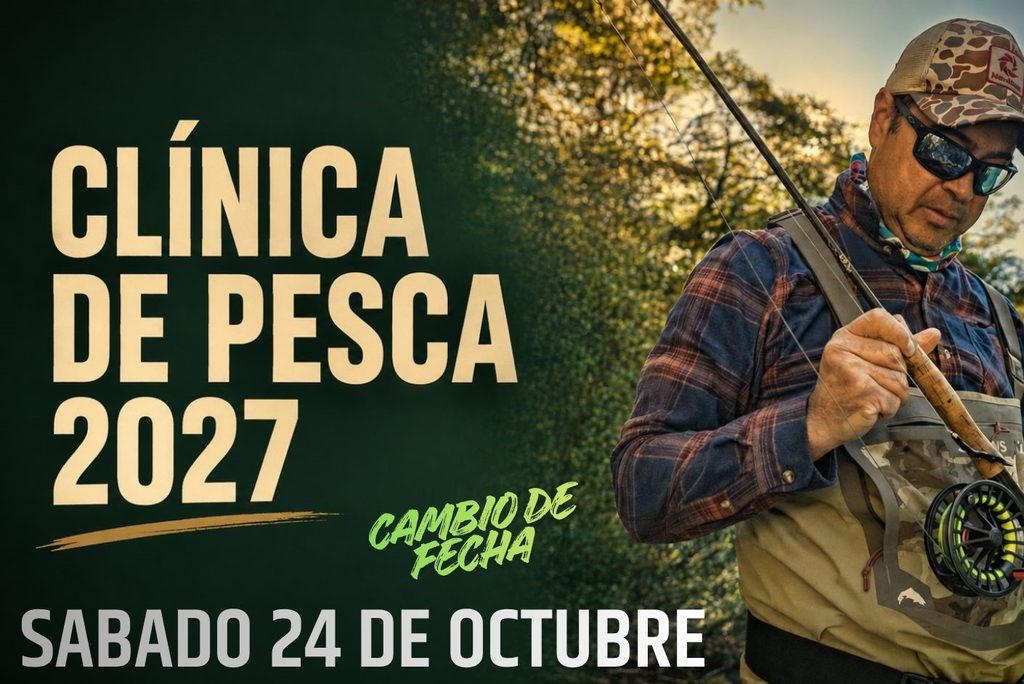 Flyer de la Clínica de Pesca con Mosca 2026 en el Complejo Melewe, Villa La Angostura